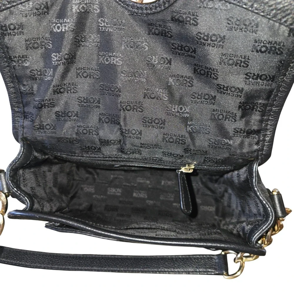Michael Kors Fulton Black Pebbled Leather Crossbody Bag Gold‎ Logo Purse
